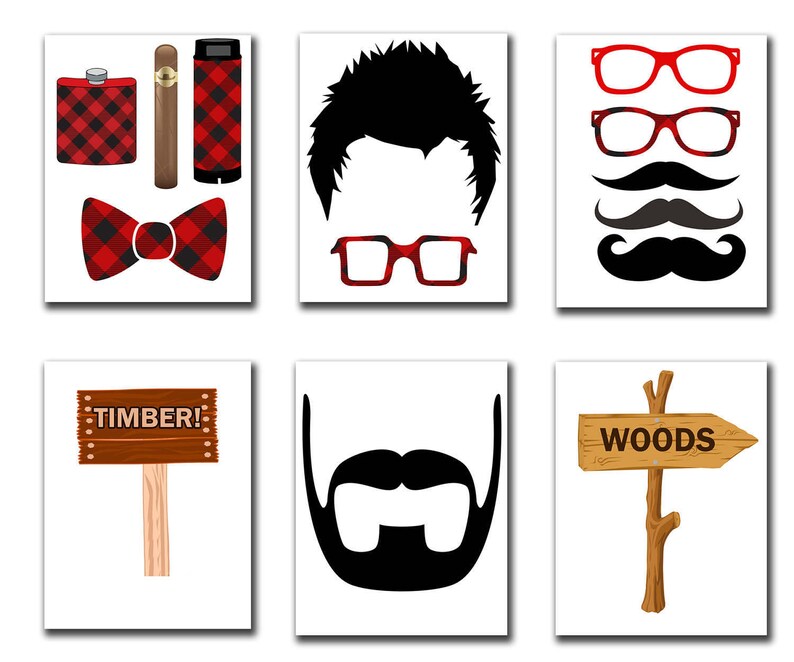 May include: Set of 10 printable photo booth props with a lumberjack theme. Props include a plaid bow tie, a flask, a cigar, a pair of glasses, a mustache, a beard, a sign that says "TIMBER!" and a sign that says "WOODS".