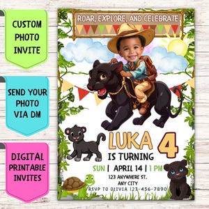 Convite de aniversário Safari Panther personalizado com foto de rosto, convite de aniversário, cartão comemorativo digital personalizado para festa de aniversário infantil