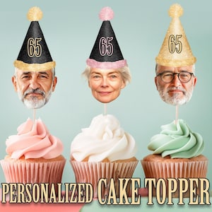 Sixty Fifth Party Hat Head Photo Cupcake Toppers Personalized Party Hat Cupcake Topper, Printable Custom Photo Cupcake Topper Birthday Decor