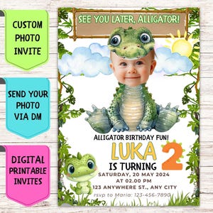 Convite de aniversário Safari Crocodile, convite de aniversário com foto de rosto personalizado, cartão de comemoração digital personalizado para festa de aniversário infantil