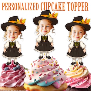 感謝祭のカップケーキ トッパー、パーソナライズされた感謝祭の女の子のカップケーキ トッパー、印刷可能なカスタム写真の感謝祭のケーキ トッパー