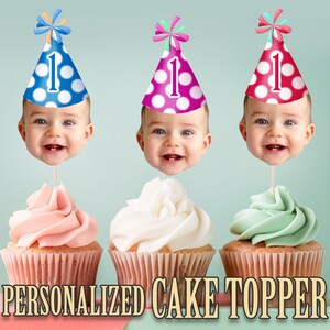 First Birthday Party Hat Head Photo Cupcake Toppers, Personalized Party Hat Cupcake Topper, Printable Custom Photo Cupcake Topper