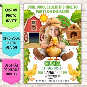 Convite de aniversário de fazendeiro com pato, convite de aniversário com foto de rosto personalizado, cartão de comemoração digital personalizado para festa de aniversário de fazendeiro