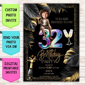 年齢がわかる男性の顔の誕生日招待状 カスタム顔写真の誕生日招待状 男性の誕生日パーティーのためのデジタルパーソナライズされたお祝いカード
