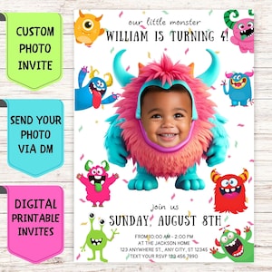 Convite de aniversário de monstro, convite de aniversário com foto de rosto personalizado, cartão de celebração digital personalizado para festa de aniversário de monstro