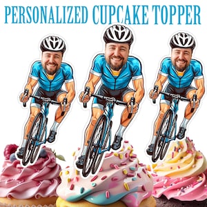 Bicycle Cupcake Topper, Personalized Bicycle Rider Face Cupcake Topper Printable Custom Photo Cyclist Cupcake Topper, Birthday Decor