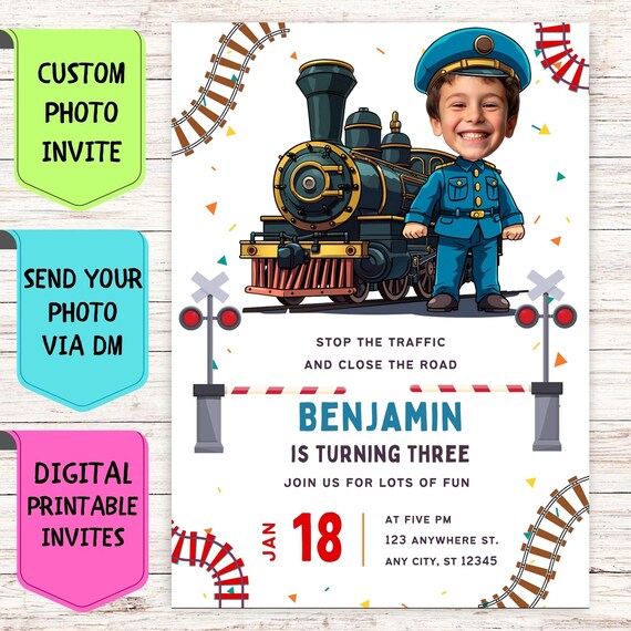 Custom Face Train Birthday Invitation: Loco Pilot Party (Digital)