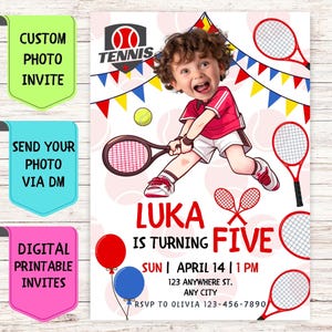 Faire-part d'anniversaire tennis, faire-part d'anniversaire avec photo de visage personnalisée, carte de célébration numérique personnalisée pour fête de tennis d'anniversaire d'enfant