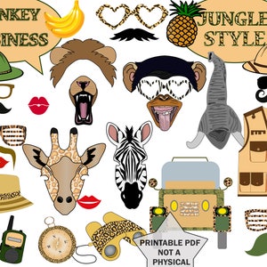 Puede incluir: Accesorios de cabina de fotos imprimibles con tem&aacute;tica de la jungla. Incluye un mono, un le&oacute;n, una jirafa, una cebra, una pi&ntilde;a y un chaleco de safari. El texto "Monkey Business" y "Jungle Style" est&aacute; incluido en la imagen.