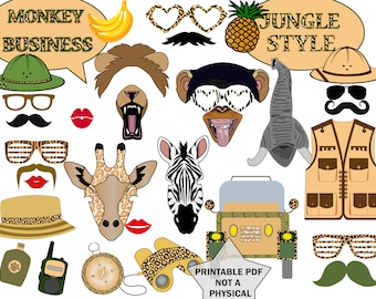 Jungle Safari Photo Booth Props: 34 afdrukbare dierenmaskers (digitale download)