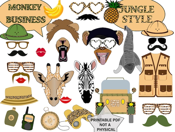 Jungle Safari Photo Booth Props: 34 Printable Animal Masks (Digital Download)