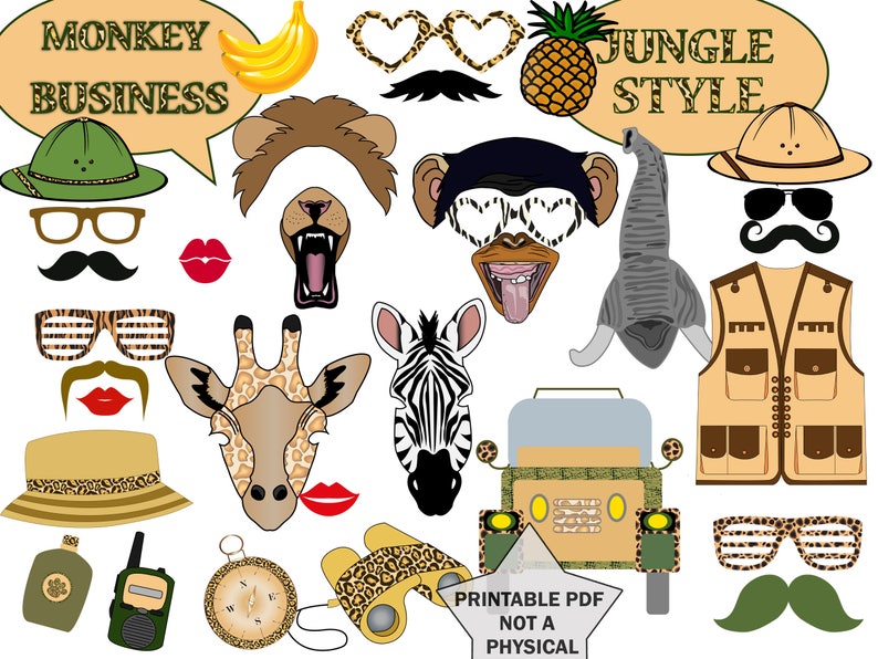 Puede incluir: Accesorios de cabina de fotos imprimibles con tem&aacute;tica de la jungla. Incluye un mono, un le&oacute;n, una jirafa, una cebra, una pi&ntilde;a y un chaleco de safari. El texto "Monkey Business" y "Jungle Style" est&aacute; incluido en la imagen.