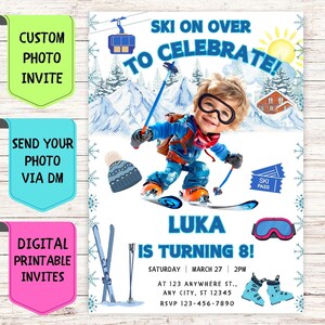 Skifahrer Geburtstagseinladung, Foto-Geburtstagseinladung mit benutzerdefiniertem Gesicht, digitale personalisierte Feierkarte für Kindergeburtstag Skiparty