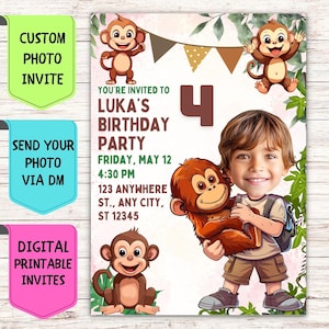 Safari Geburtstagseinladung Affen Benutzerdefinierte Gesicht Foto Geburtstagseinladung Digital personalisierte Feier Karte für Kindergeburtstag Safari Party
