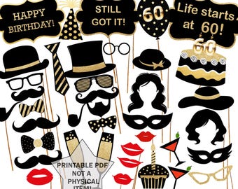 60th Birthday Photo Booth Props: Black and Gold Party Decorations (Printable PDF)