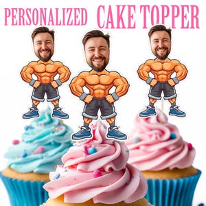 Muscle Man Cupcake Topper Personalized Strong Man Face Cupcake Topper Printable Custom Photo Bodybuilder Cupcake Topper Sports Decor