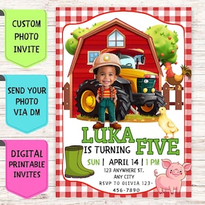 Faire-part d'anniversaire de conducteur de tracteur, faire-part d'anniversaire avec photo de visage personnalisée, carte de célébration numérique personnalisée pour fête d'anniversaire d'agriculteur