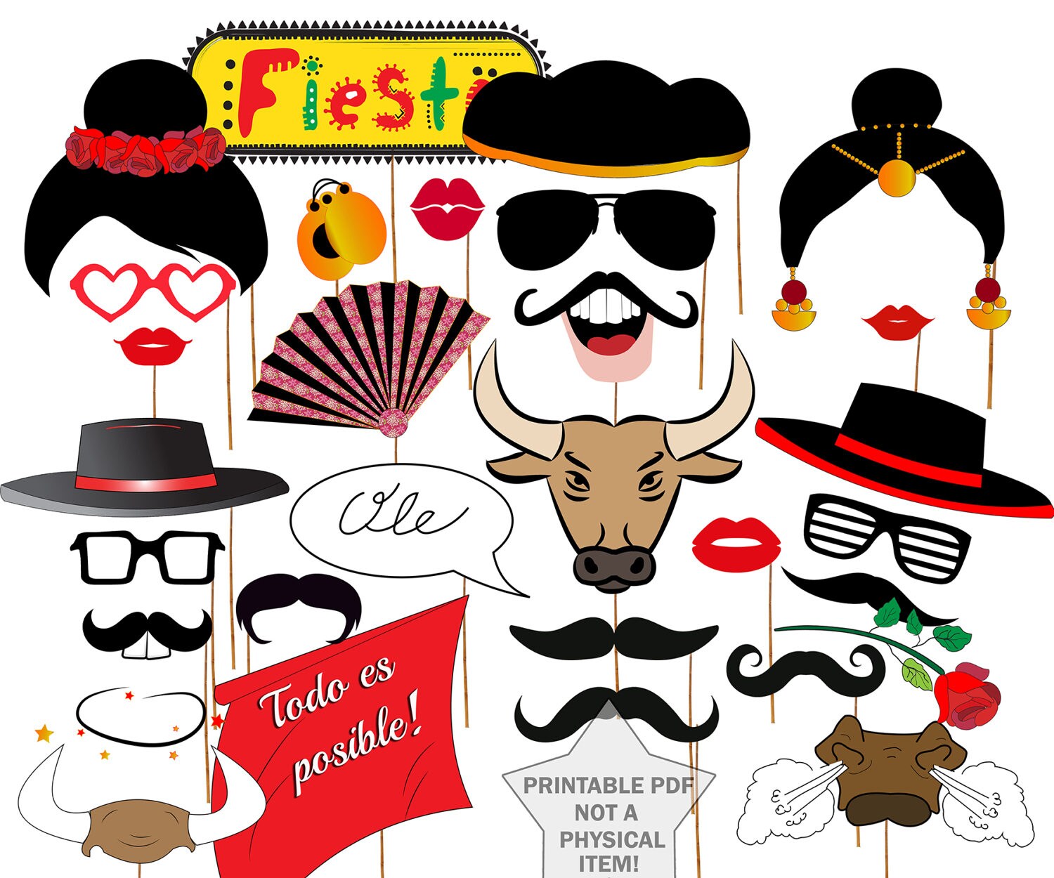 Spain Photo Booth Props flamenco PARTY Props Spanish Party Props,fiesta España Props,spanish