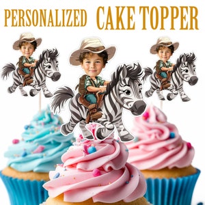 Boy and Zebra Cupcake Topper, Personalized Safari Cupcake Topper, Printable Custom Photo Safari Boy on Zebra Cupcake Topper, Birthday Decor