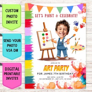 Verjaardagsuitnodiging kunstenaar, aangepaste gezichtsfoto verjaardagsuitnodiging, digitale gepersonaliseerde feestkaart voor ambachtelijke kinderverjaardag