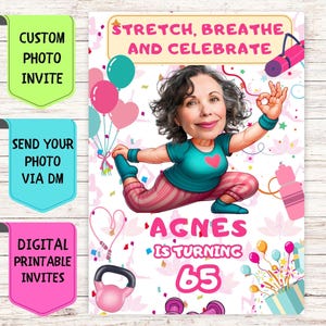 Faire-part de fête d'anniversaire de yoga, faire-part d'anniversaire personnalisé avec photo de visage, carte de célébration numérique personnalisée pour fête d'anniversaire de yoga