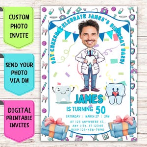 Faire-part d'anniversaire pour dentiste, faire-part d'anniversaire avec photo de visage personnalisée, carte de célébration numérique personnalisée pour fête d'anniversaire d'ambulancier paramédical