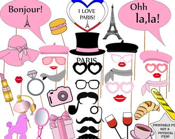Paris Photo Booth Props: 42 Printable Party Props (Digital Download)