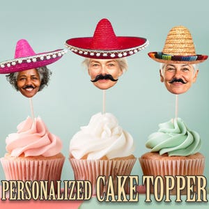 Sombrero Partyhut Kopf Foto Cupcake Toppers, personalisierte Partyhut Cupcake Topper, druckbare benutzerdefinierte Foto Cupcake Topper Geburtstagsdeko