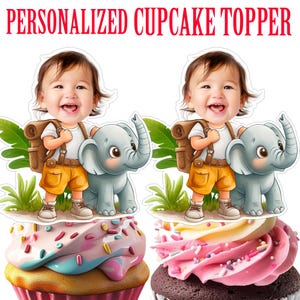 Boy and Elephant Cupcake Topper, Personalized Safari Elephant Cupcake Topper, Printable Custom Photo Safari Boy Cake Topper, Birthday Decor