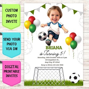 Convite de aniversário de futebol, convite de aniversário com foto de rosto personalizado, cartão de comemoração digital personalizado para festa de futebol de aniversário infantil
