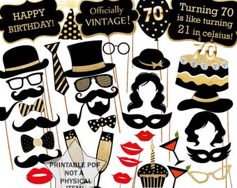 70th Birthday Photo Booth props: "PRINTABLE PARTY PROPS" Party supplies Printable Pdf Black and gold props Photo Booth supplies