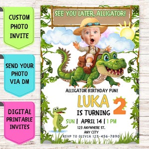 Safari krokodil verjaardagsuitnodiging, aangepaste gezichtsfoto verjaardagsuitnodiging, digitale gepersonaliseerde feestkaart voor verjaardagsfeestje kinderen