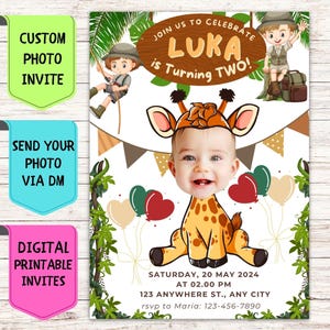Convite de aniversário de girafa, convite de aniversário com foto de rosto personalizado, cartão comemorativo digital personalizado para festa de aniversário infantil Safari