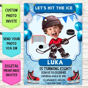 Convite de aniversário de hóquei, convite de aniversário com foto de rosto personalizado, cartão de comemoração digital personalizado para festa de hóquei de aniversário infantil