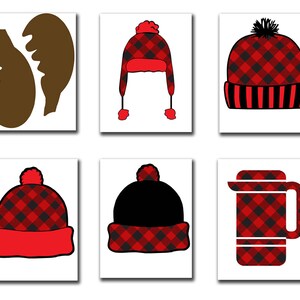 May include: Set of six printable images featuring a red and black buffalo plaid pattern. The images include a hat, a mug, a pair of antlers, and three different styles of winter hats.