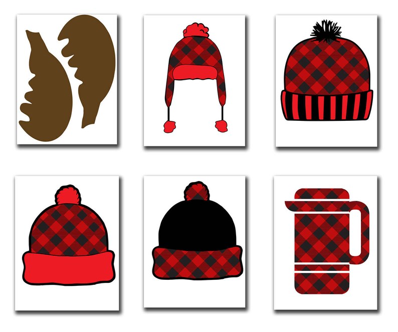 May include: Set of six printable images featuring a red and black buffalo plaid pattern. The images include a hat, a mug, a pair of antlers, and three different styles of winter hats.