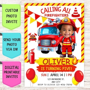 Invitación de cumpleaños de bombero, invitación de cumpleaños con foto de rostro personalizada, tarjeta de celebración digital para fiesta de cumpleaños de bomberos para niños