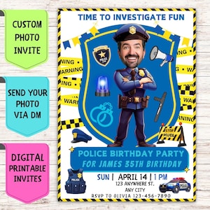 Faire-part d'anniversaire policier, faire-part d'anniversaire personnalisé avec photo de visage, carte de célébration numérique personnalisée pour fête d'anniversaire de policier