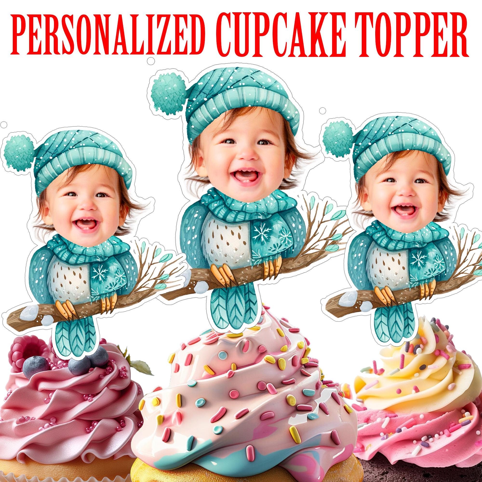 Christmas Owl Cupcake Topper Personalized Christmas Owl Face Cupcake Topper Printable Custom Photo C