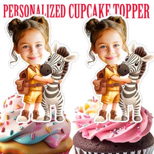 Girl with Zebra Cupcake Topper Personalized Safari Cupcake Topper Printable Custom Photo Zebra Cupcake Topper Birthday Decor Animal Toppers