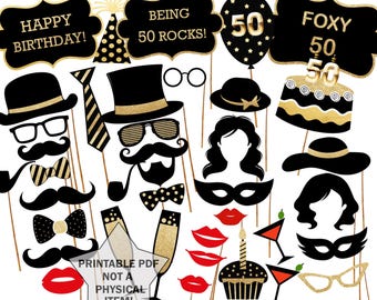 50th Birthday Photo Booth Props: Black & Gold Party (Printable PDF)