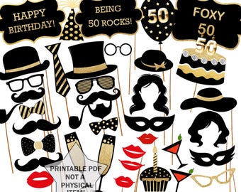 50th Birthday Photo Booth props: "PRINTABLE PARTY PROPS" Party supplies Printable Pdf Black and gold props Photo Booth supplies