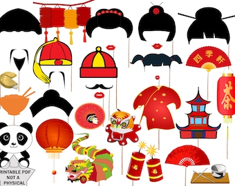 Chinese New Year Photo Booth Props: 30 Printable Party Props (Digital Download)