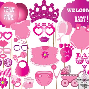 Baby Shower Photo Booth Props: &quot;GIRL BABY SHOWER&quot; It&#39;s A Girl Booth Props,Team Pink,Printable Party Props,Baby Shower Photobooth Props