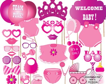 Fotobåstillbehör för babyshower för flickor: Team Pink (digital nedladdning)