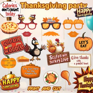 Thanksgiving Photo Booth props: &quot;THANKSGIVING PARTY PROPS&quot; Party supplies Printable Pdf Thanksgiving props Photo Booth supplies