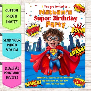 Convite de aniversário de super-herói, convite de aniversário com foto de rosto personalizado, cartão de comemoração digital personalizado para festa de aniversário de super-herói