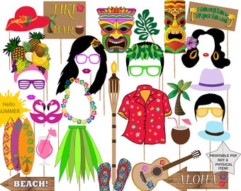 May include: A set of 12 printable photo booth props with a Hawaiian theme. The props include a tiki bar sign, a lei, a hula skirt, a coconut drink, a guitar, a surfboard, a flower crown, a pair of sunglasses, a mask, a tropical flower, a palm tree, and a sign that says "Aloha".