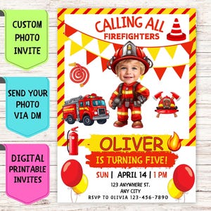 Convite de aniversário de bombeiro, convite de aniversário com foto de rosto personalizado, cartão de comemoração digital para festa de aniversário de bombeiro infantil