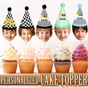Party Hat Head Photo Cupcake Toppers, Personalized Party Hat Cupcake Topper, Printable Custom Photo Cupcake Topper, Birthday Decor